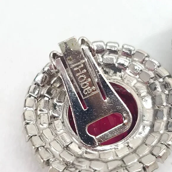 Hobé Ruby Red Rhinestone Clip Earrings Silver Tone Round Halo Art Deco Regency - Picture 4 of 9